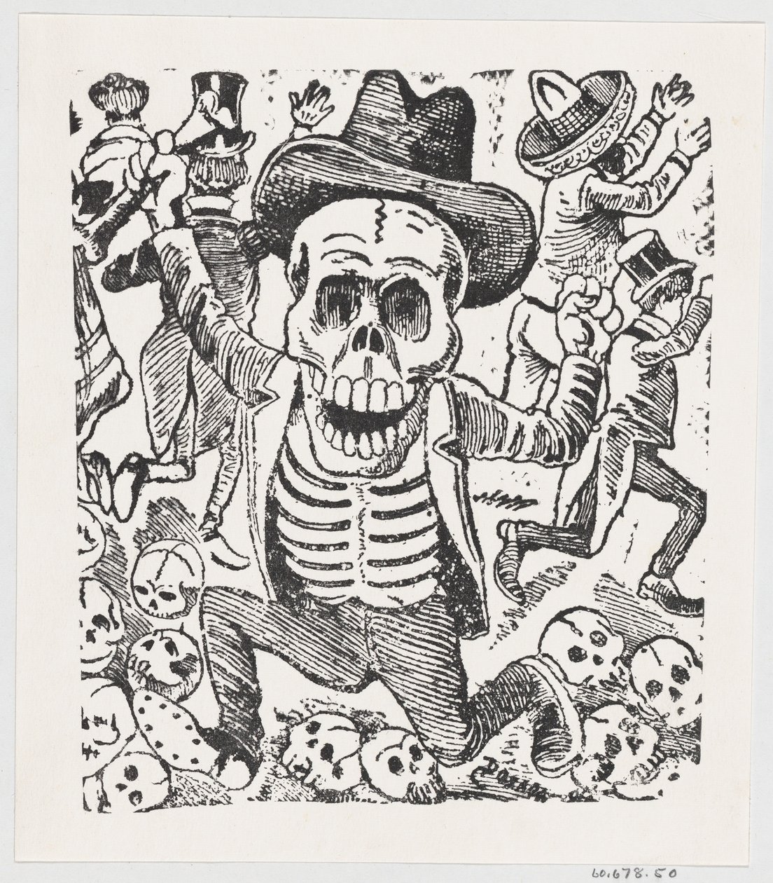 Kostra drží kost a skáče přes hromadu lebek, zatímco lidé prchají, fr..., ca. 1907. od José Guadalupe Posada