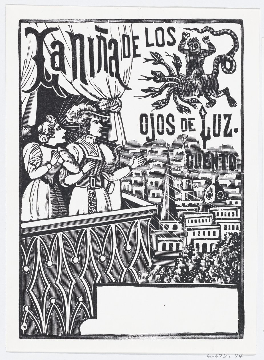 Žena a muž stojící na balkóně hledící na létající monstrum na obloze..., ca. 1880-1910. od José Guadalupe Posada
