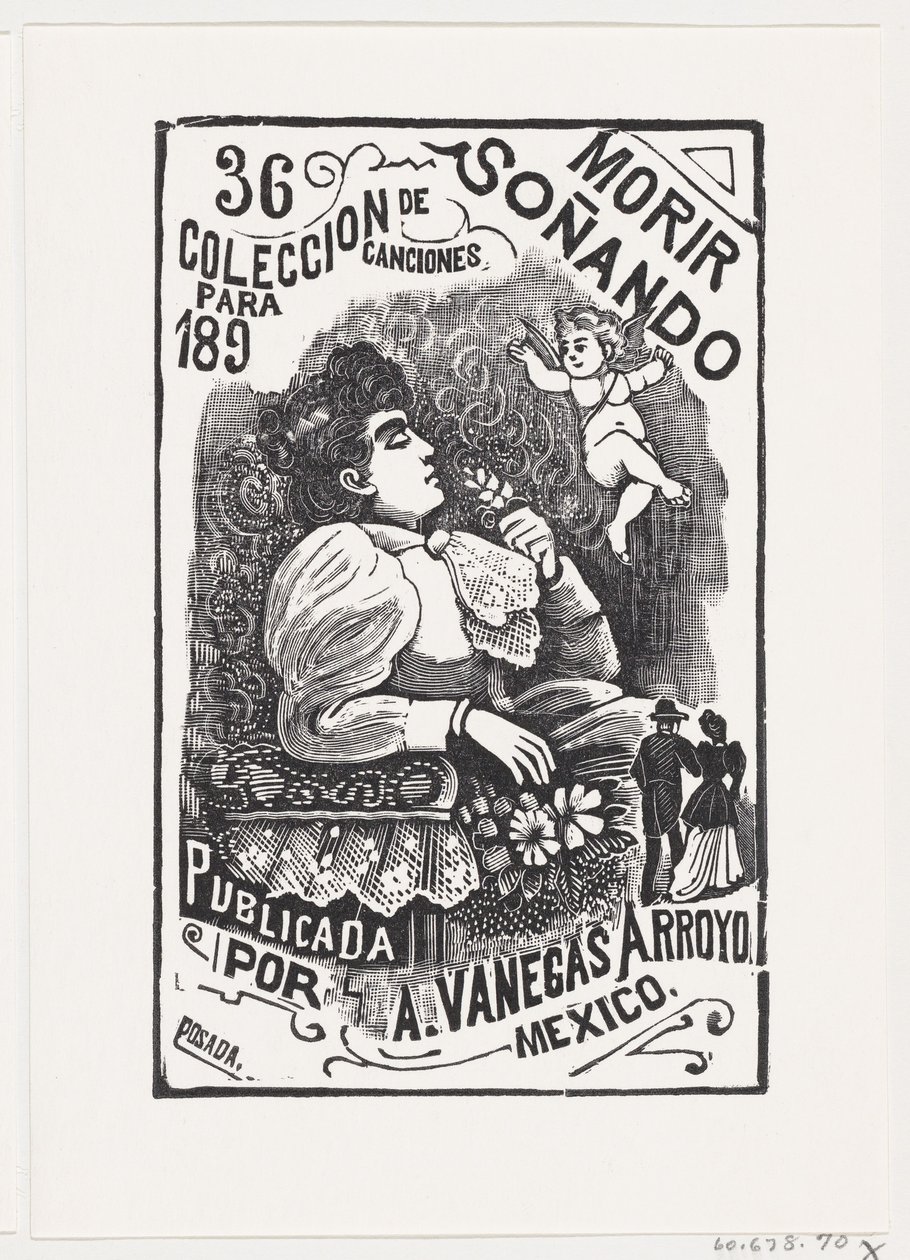 Profil ženy sedící v křesle s hlavou dozadu a držící květinu, il..., ca. 1890. od José Guadalupe Posada