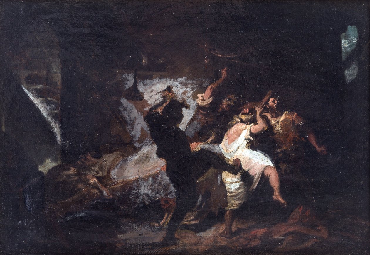 Scéna z Dona Quijota od Cervantese - Scéna z Dona Quijota de la Mancha od M. de Cervantese, od Jimeneze Aranda, Jose (1837-1903). olej na plátně od José Jiménez Aranda