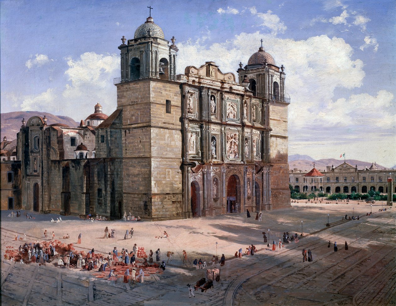 Pohled na Cathedrale of Oaxaca, Mexiko (malba od José María Velasco