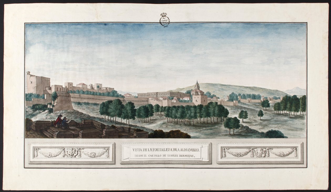 Pohled na Alhambru v Granadě, z hradu Torres Bermejas od José de Hermosilla
