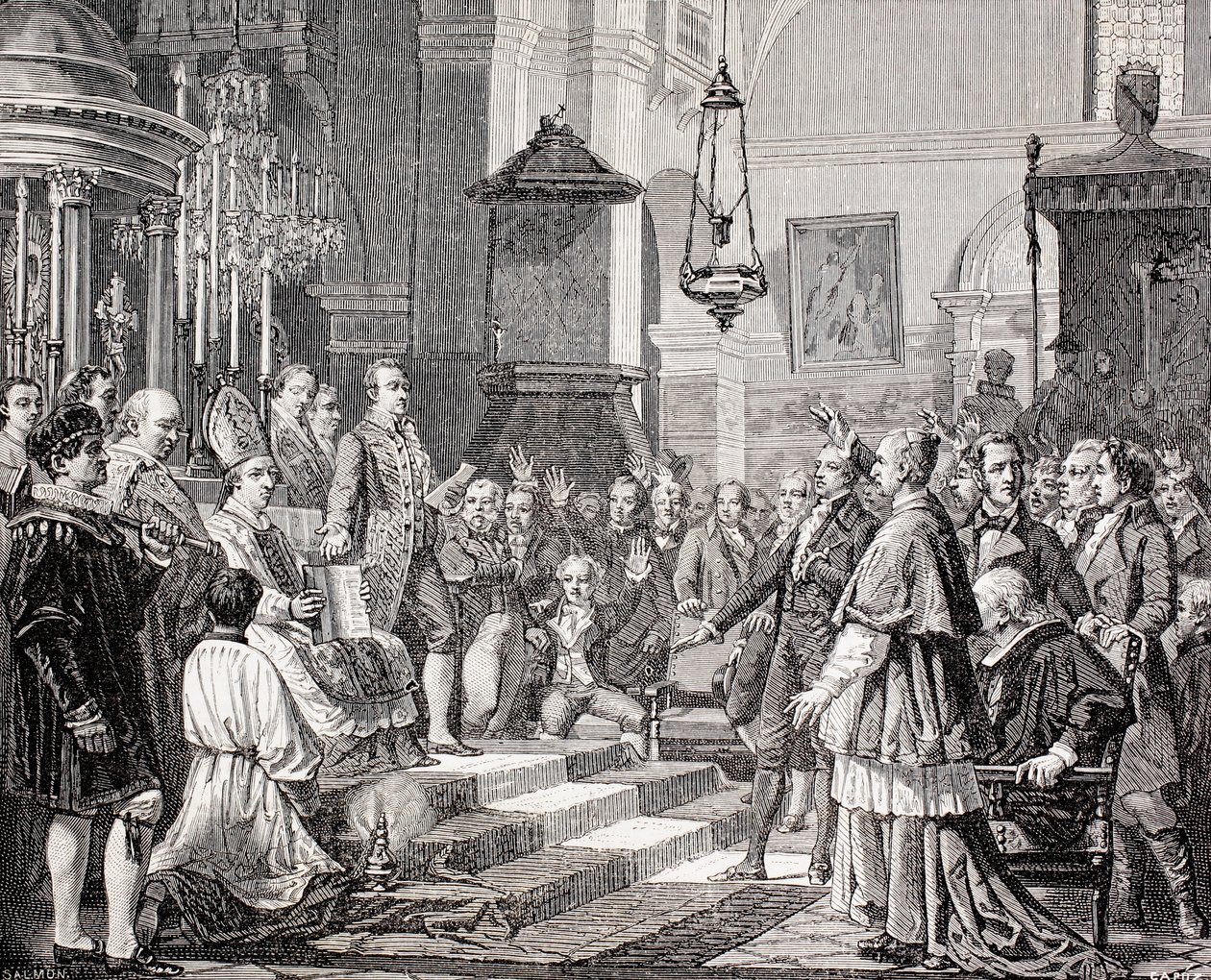 Přísaha poslanců během zahajovacího zasedání Cortes of Cádiz, Španělsko, 1810, z „Univerzálního muzea“, vyryto Tomášem Carlosem Capuzem (1834-99) a Salmonem, vydáno 1862 od Jose Casado de Alisal