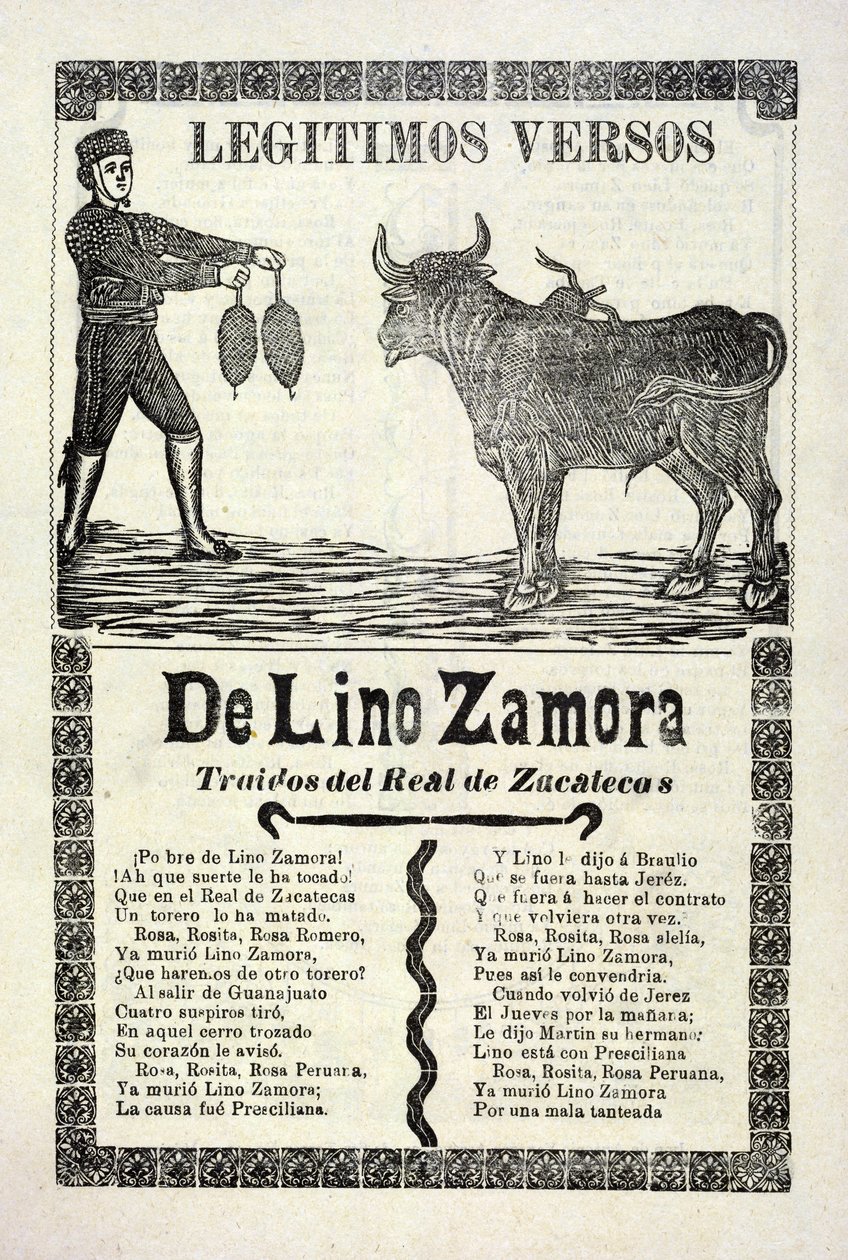 Legitimní verše Lino Zamory přivezené z Real de Zacatecas, publikované v roce 1903 od José Guadalupe Posada