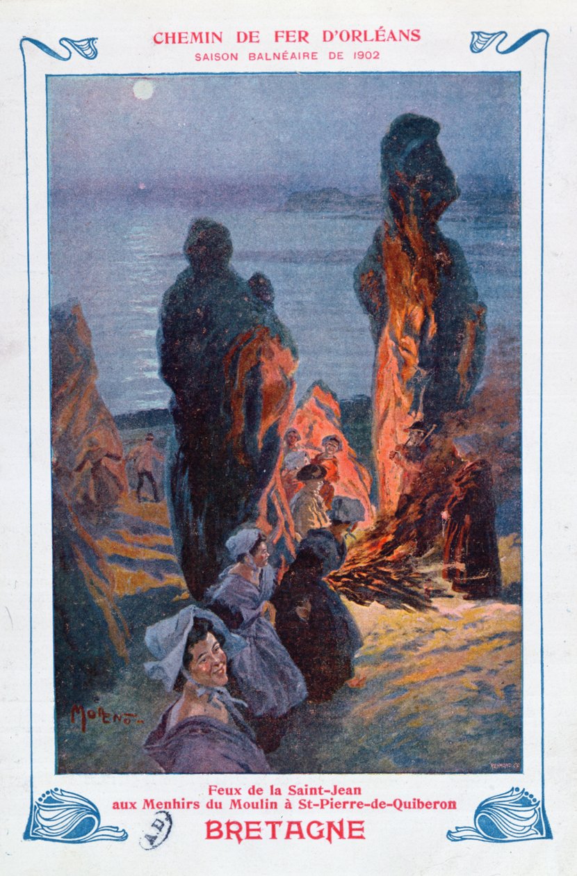 Ohně zapálené na oslavu letního slunovratu v Saint-Pierre-de-Quiberon, Bretaň, plakátová reklama na železnici Orleans, 1902 od Jose Moreno Carbonero