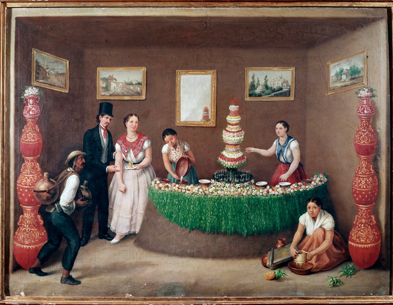 Chufa Horchata Sellers (Orxata de Xufa nebo Orxata De Xufla) Obraz Augustina Arriete (19. století) Mexico City, Historické národní muzeum, zámek od Jose Agustin Arrieta