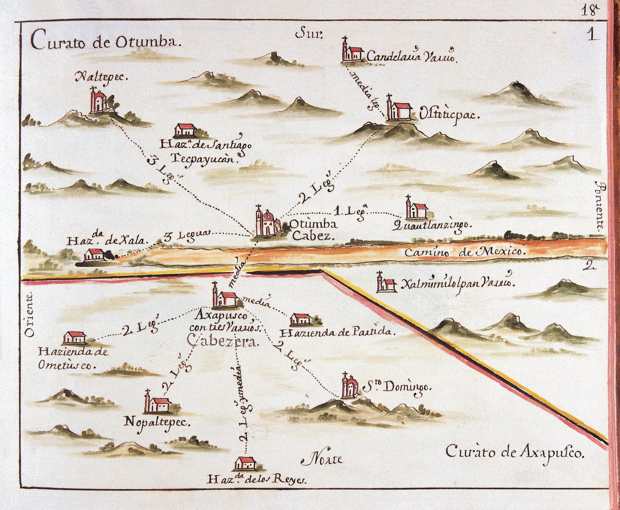 ALZATE, Jose Antonio (1737-1799). Vědec a spisovatel. Plán mexické arcidiecéze. Farnost Otumba (Otumba nebo Ozumba) A farnost Axapulco (Acapulco). 1767. Rytina Jose Antonia Alzateho. Rytina. ŠPANĚLSKO. KASTILIE-LA-MANCHA. Toledo. Stát P od Jose Antonio Alzate