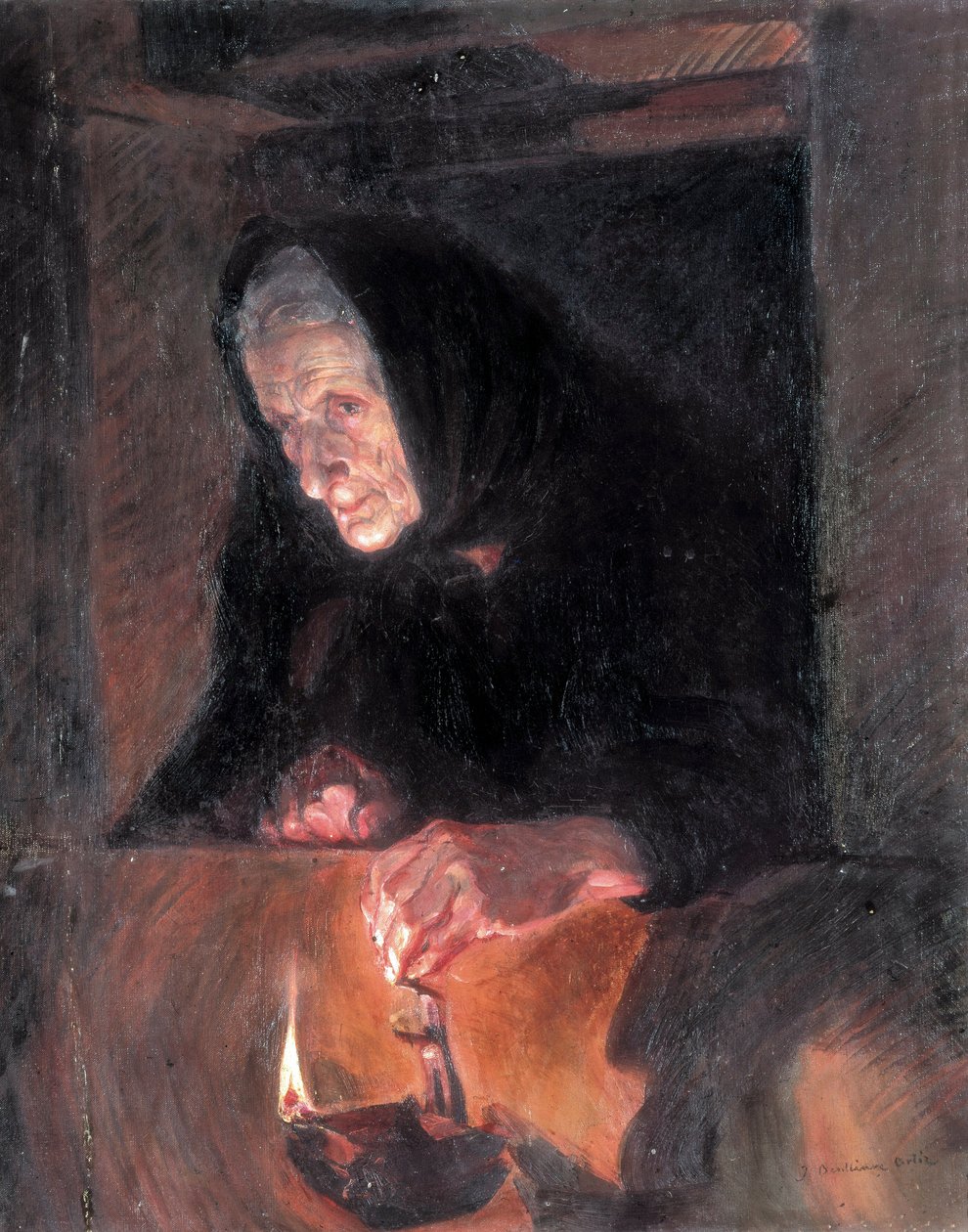 Stará paní má olejovou lampu. Obraz od Jose BENLLIURE ORTIZE (1884-1916) Olej na plátně. Valencie. Muzeum Bellas Artes San Pio V. od Jose Benlliure Ortiz