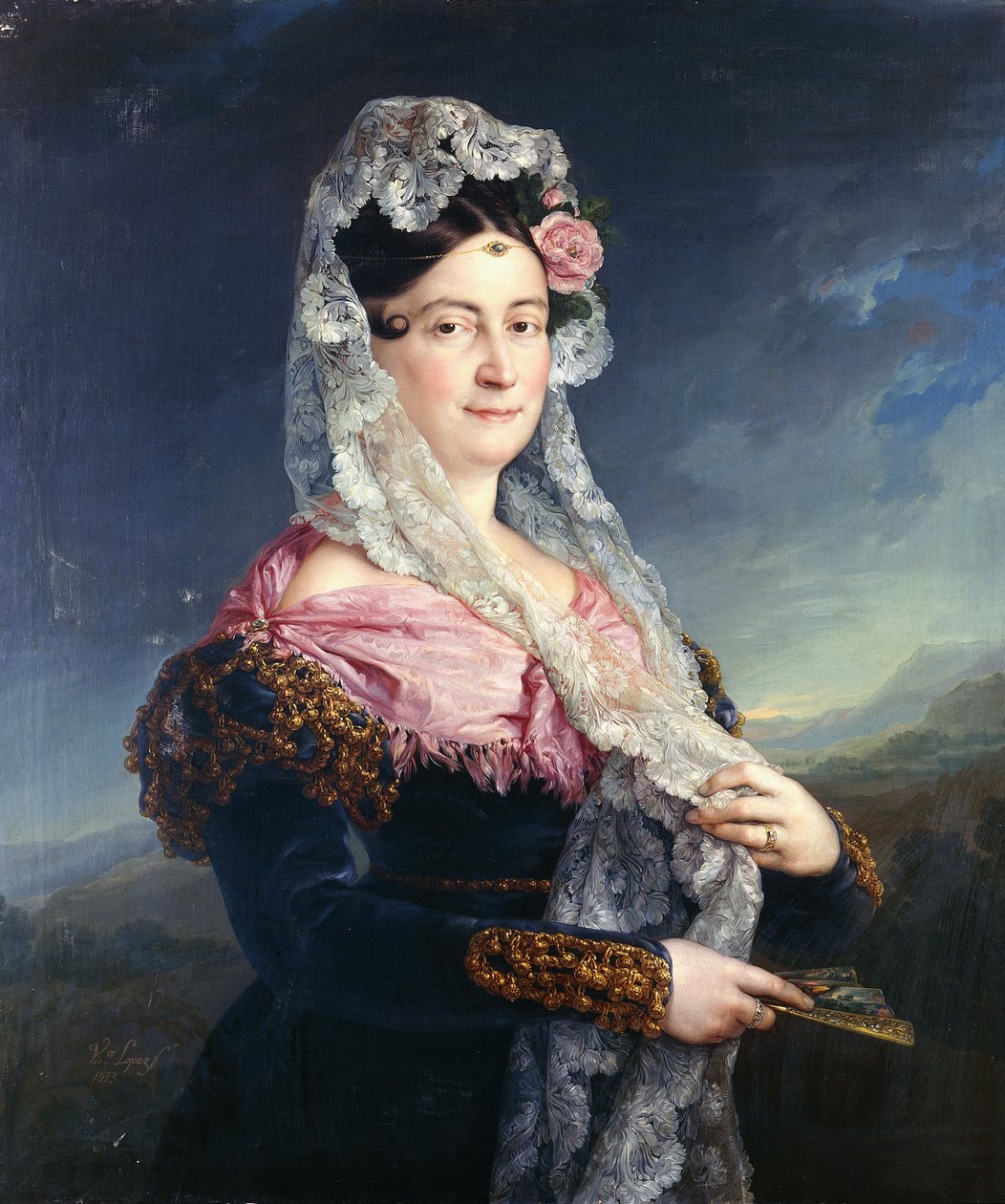 Portrét Dona Maria de los Dolores Gomez de las Casas e Ibarrondo, první markýze z Ulagares, stojící tři čtvrtiny délky, od Jose Camaron