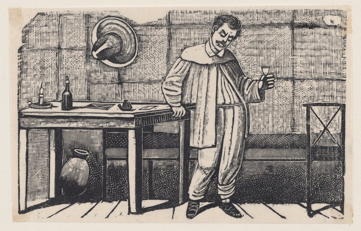 Muž se sklenicí v ruce, hledící dolů a opírající se o stůl, ilustrace z díla „El huérfano“ od José Guadalupe Posada