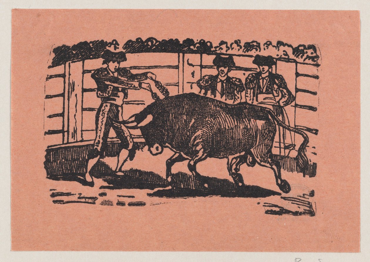 Ein Torero platziert Banderillas in die Schultern des Stiers, während zwei Männer hinter dem Stier stehen od José Guadalupe Posada