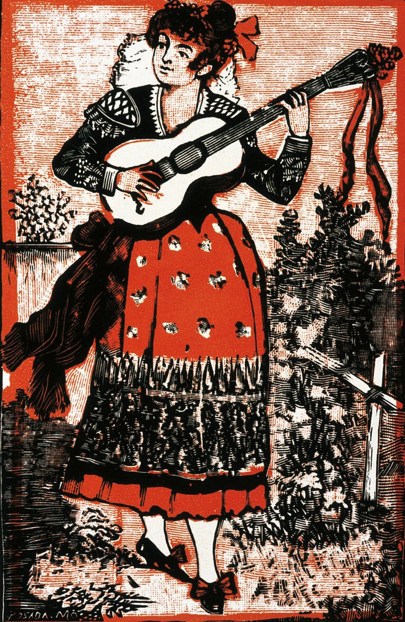 Obal zpěvníku představující Mexičanku s kytarou. Rytina Jose Guadalupe POSADA (1852-1913). Rytina od José Guadalupe Posada