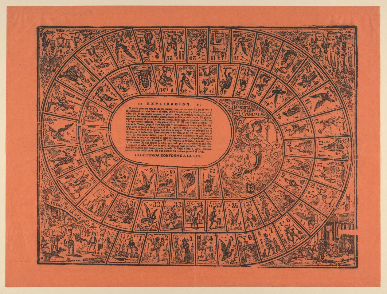 Gänsespiel (mit den Regeln in der Mitte gedruckt) od José Guadalupe Posada
