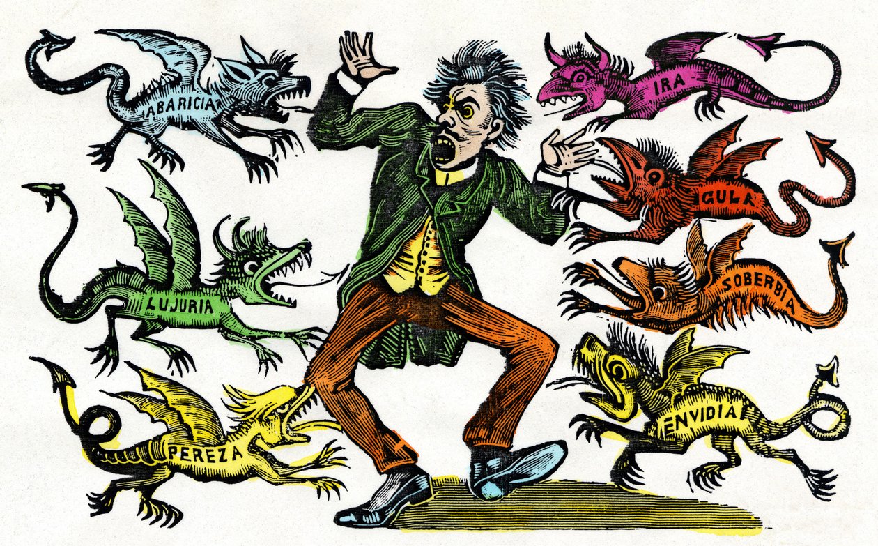 José Guadalupe Posada (1852-1913): Alegorie sedmi smrtelných hříchů. Akvarelová xylografická rytina. Mexiko od Jose Guadalupe Posada