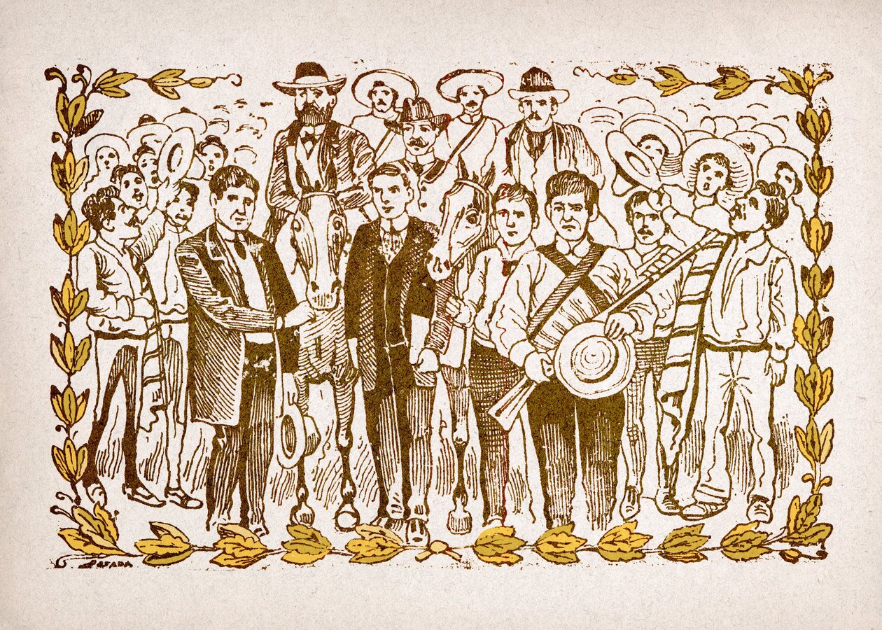 Mexiko, mexická revoluce: "" El Triunfo de Madero "" (Francisco Indalecio Madero Gonzalez (1873-1913) zvolen prezidentem s podporou revolucionářů Villa a Zapata. Portrét na koni uprostřed davu jeho stoupenců. Autor rytina od José Guadalupe Posada