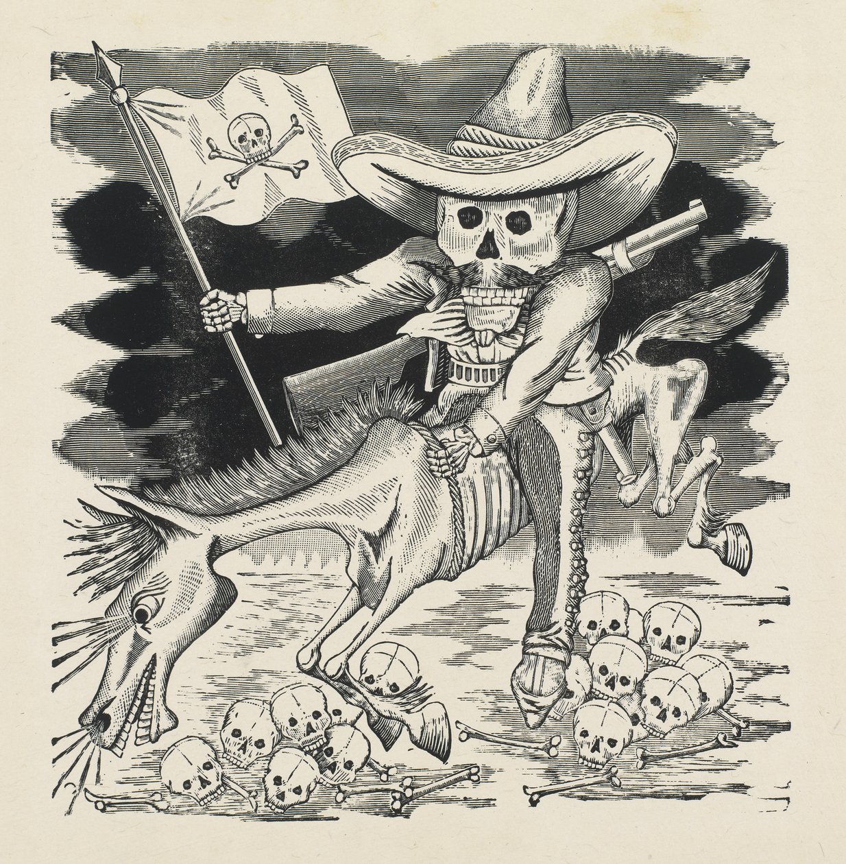 Velká lebka Emiliana Zapaty, kolem 1911-16, tištěno 1930 (fotoreliéf s rytinou) od José Guadalupe Posada