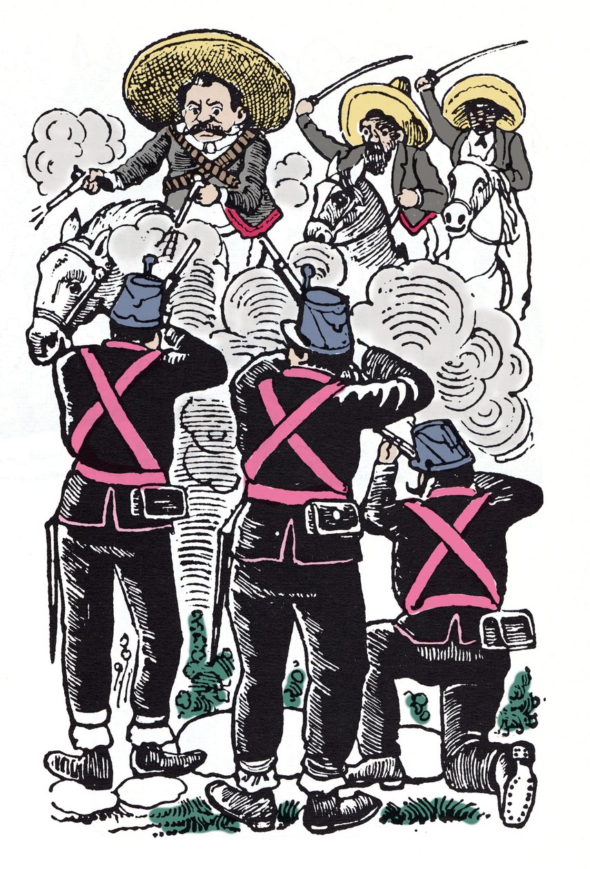 Mexická revoluce (1910-1920): Boj federálů proti revolučním jednotkám Emiliana Zapaty (známého jako El Caudillo del Sur). od José Guadalupe Posada