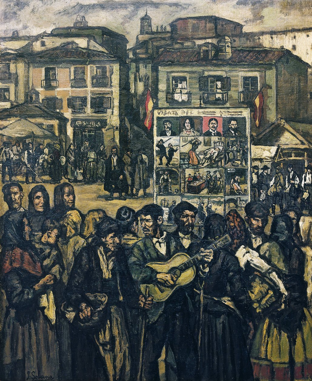 GUTIERREZ SOLANA, José (1886-1945). El cartel del crimen (El musico ciego) - zločinecký kartel (slepý hudebník). cca 1920. (78 x 64 cm). Olej na plátně. Soukromá sbírka od Jose Gutierrez Solana