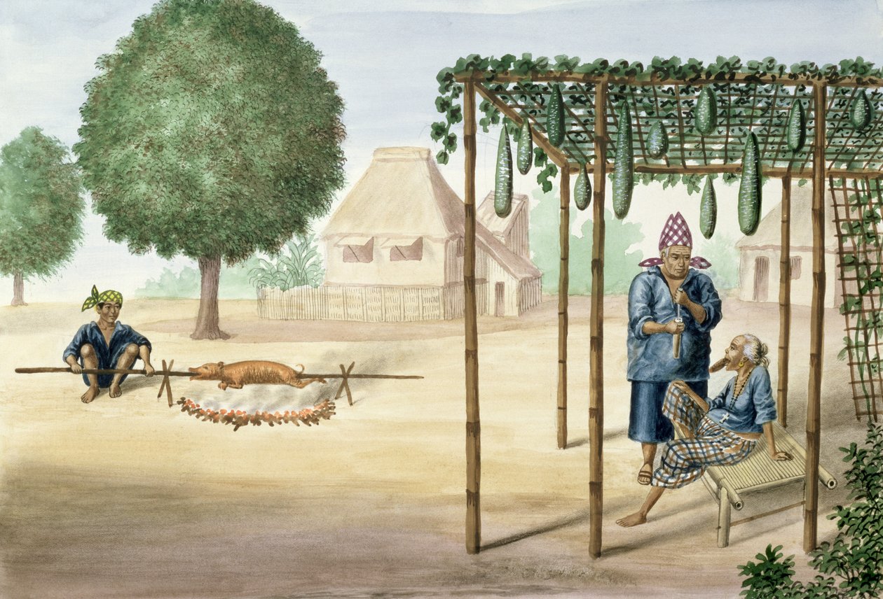 Vesnická scéna poblíž Manily, z "The Flebus Album of Views In and Around Manila", c.1845 od Jose Honorato Lozano