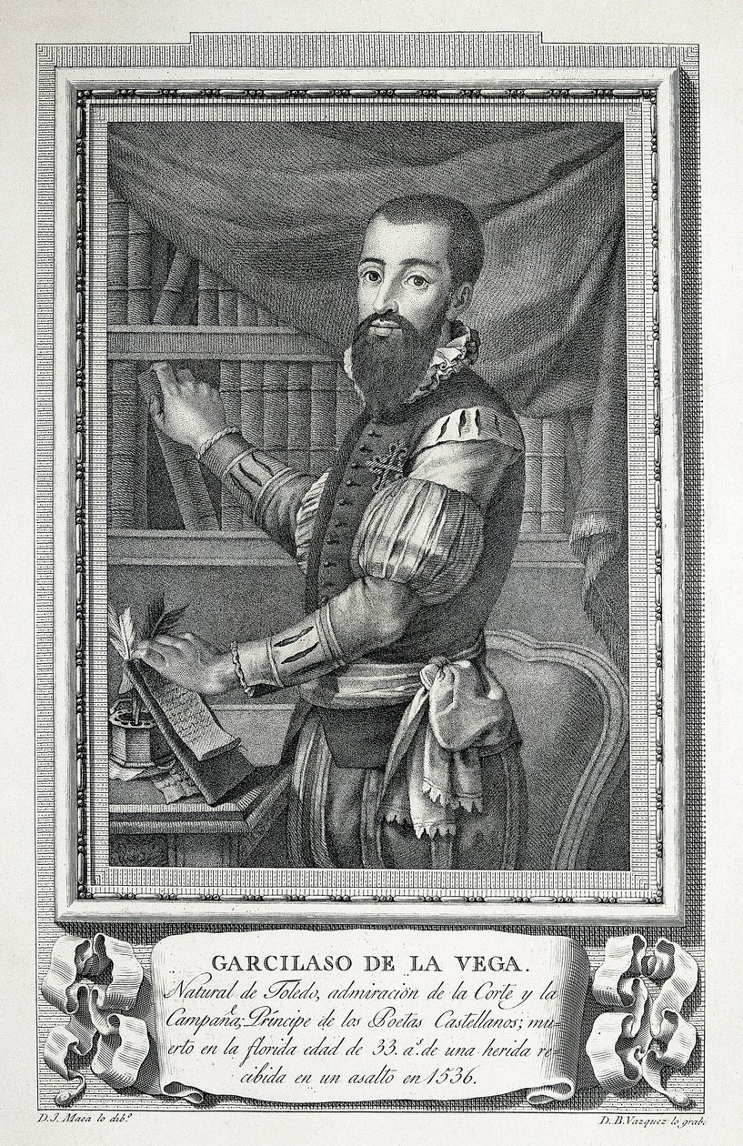 MAEA, José (1760-1826). Portrét Garcilasa de la Vegy. 1791. Kresba Joseho Maea vyrytá do buretu Bartolomeem Vazquezem. Lept. od Jose Maea