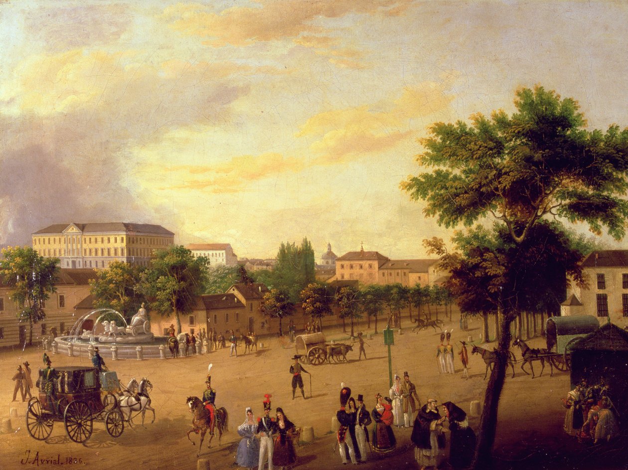Pohled na fontánu Cibeles a palác Buenavista v Madridu od Jose Maria Avrial Y Flores