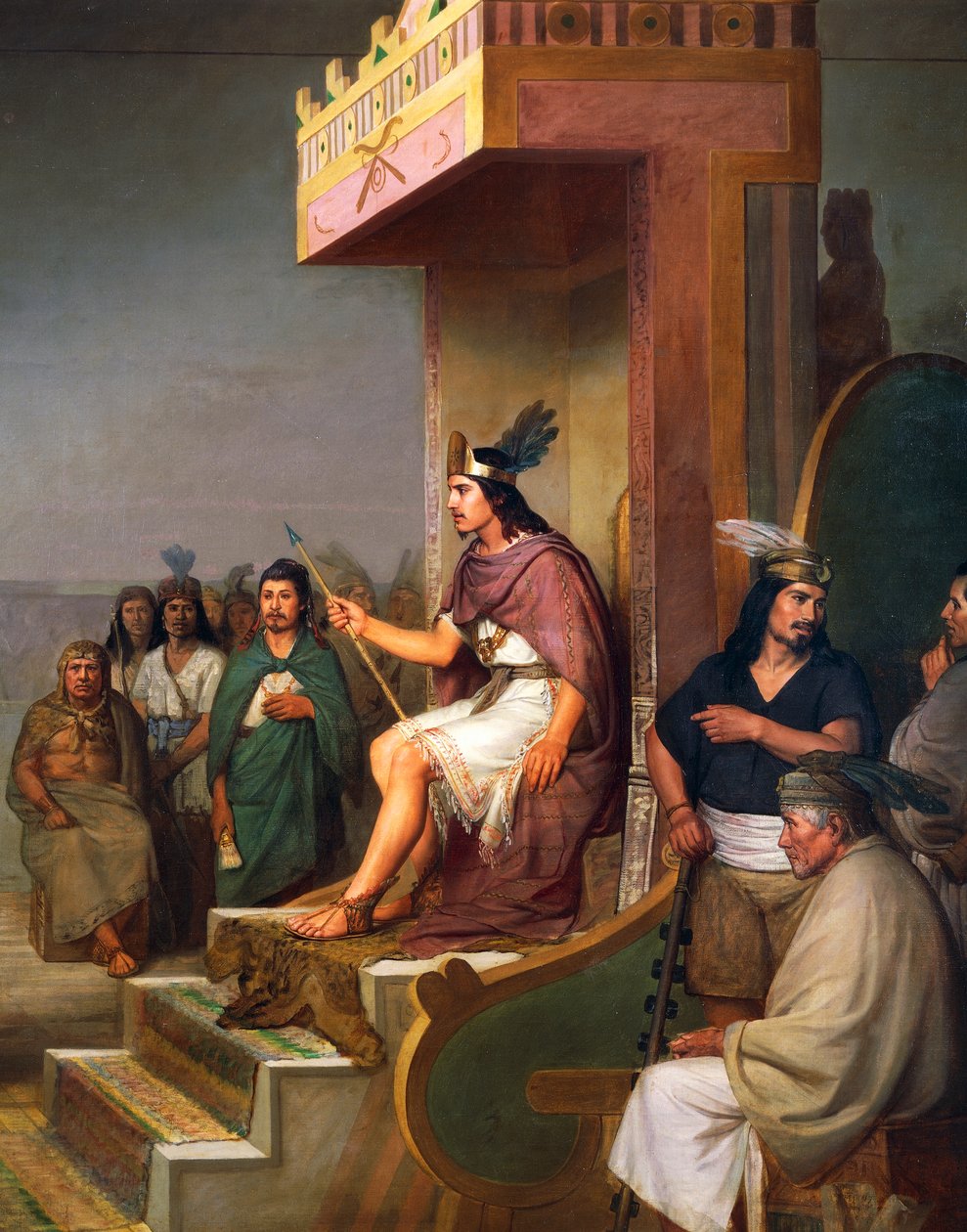 Císař na trůnu, detail z Discovery of pulque, mezoamerický alkoholický nápoj, olej na plátně od Jose Maria Obregona (1832-1902) od José María Obregón
