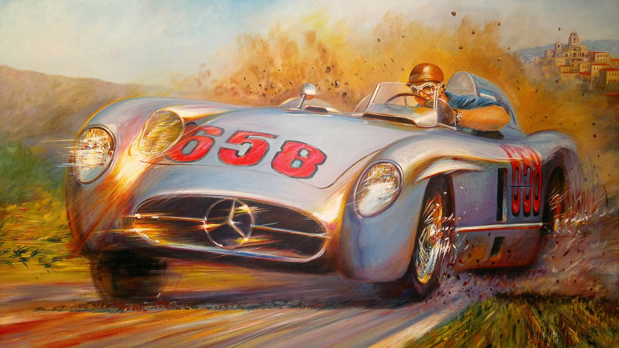 En la Mille Miglia, Juan Manuel Fangio, Mercedes Benz 300 SL od Jose Maria Villafuerte
