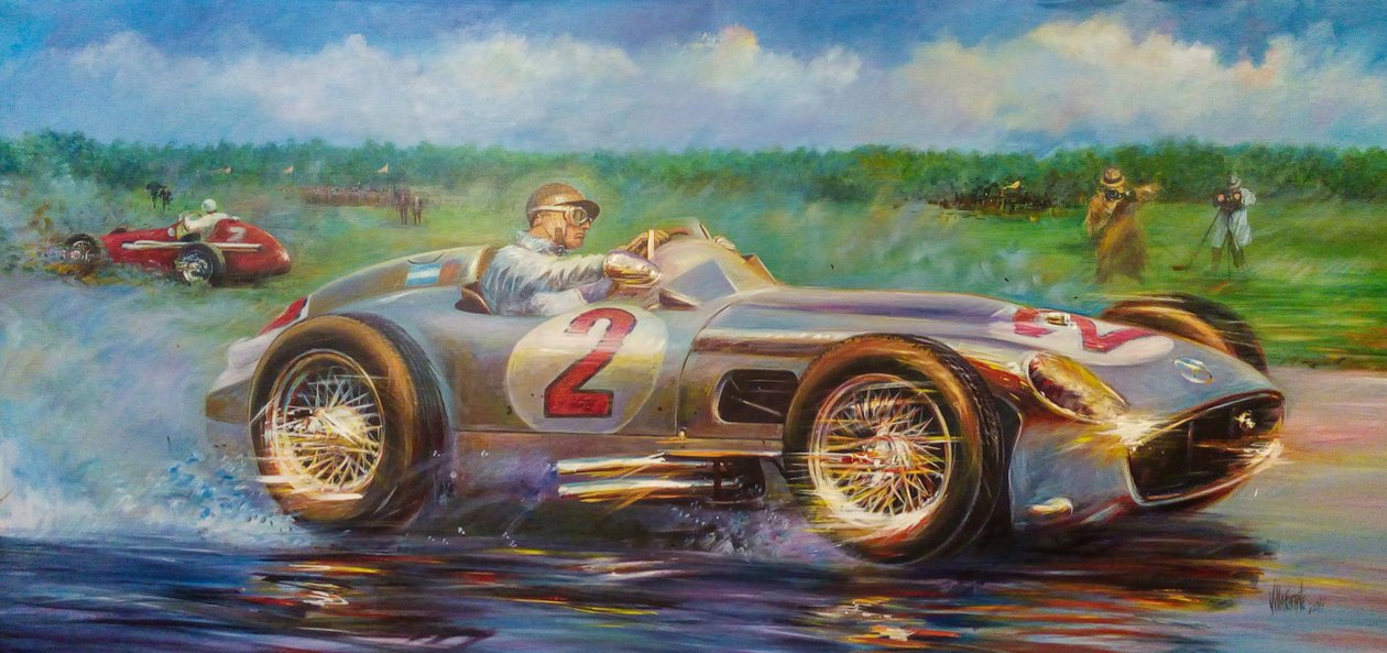 Juan Manuel Fangio, Grand Prix města Buenos Aires 1955, Argentina, Mercedes Benz 196 W. (akryl na plátně) od Jose Maria Villafuerte