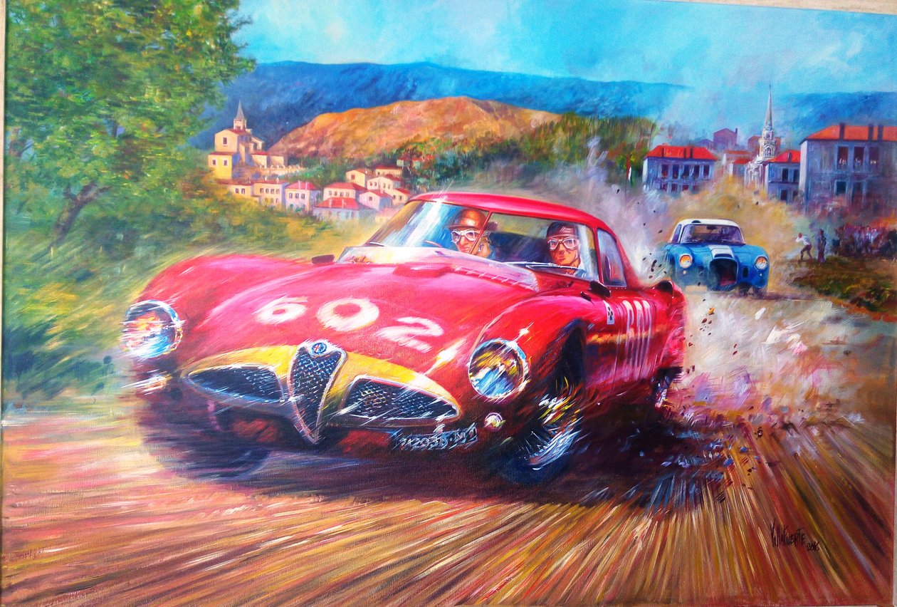 Juan Manuel Fangio Mille Miglia 1953 (Akryl na plátně, 2017) od Jose Maria Villafuerte