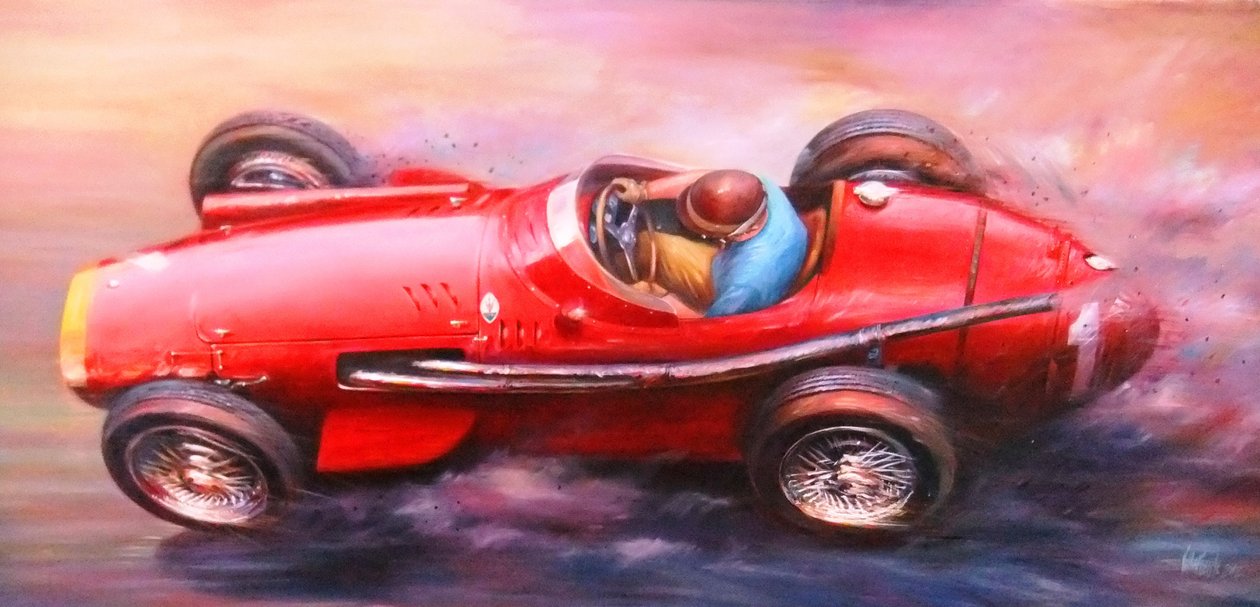 Juan Manuel Fangio, Mille Miglia 1953, Alfa Romeo 6C3.000cc (červený vrch) (akryl na plátně) od Jose Maria Villafuerte