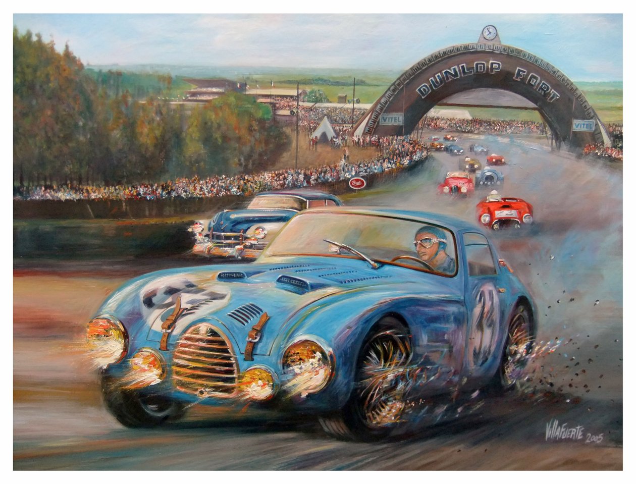 John Manuel Fangio v Le Mans 1950 Gordini Typr 18S (akryl na plátně) od Jose Maria Villafuerte
