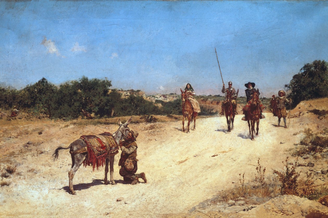 Setkání Sancha Panzy a jeho osla Rucia, Ilustrace Dona Quijota, kolem roku 1878 (olej na plátně) od Jose Moreno Carbonero