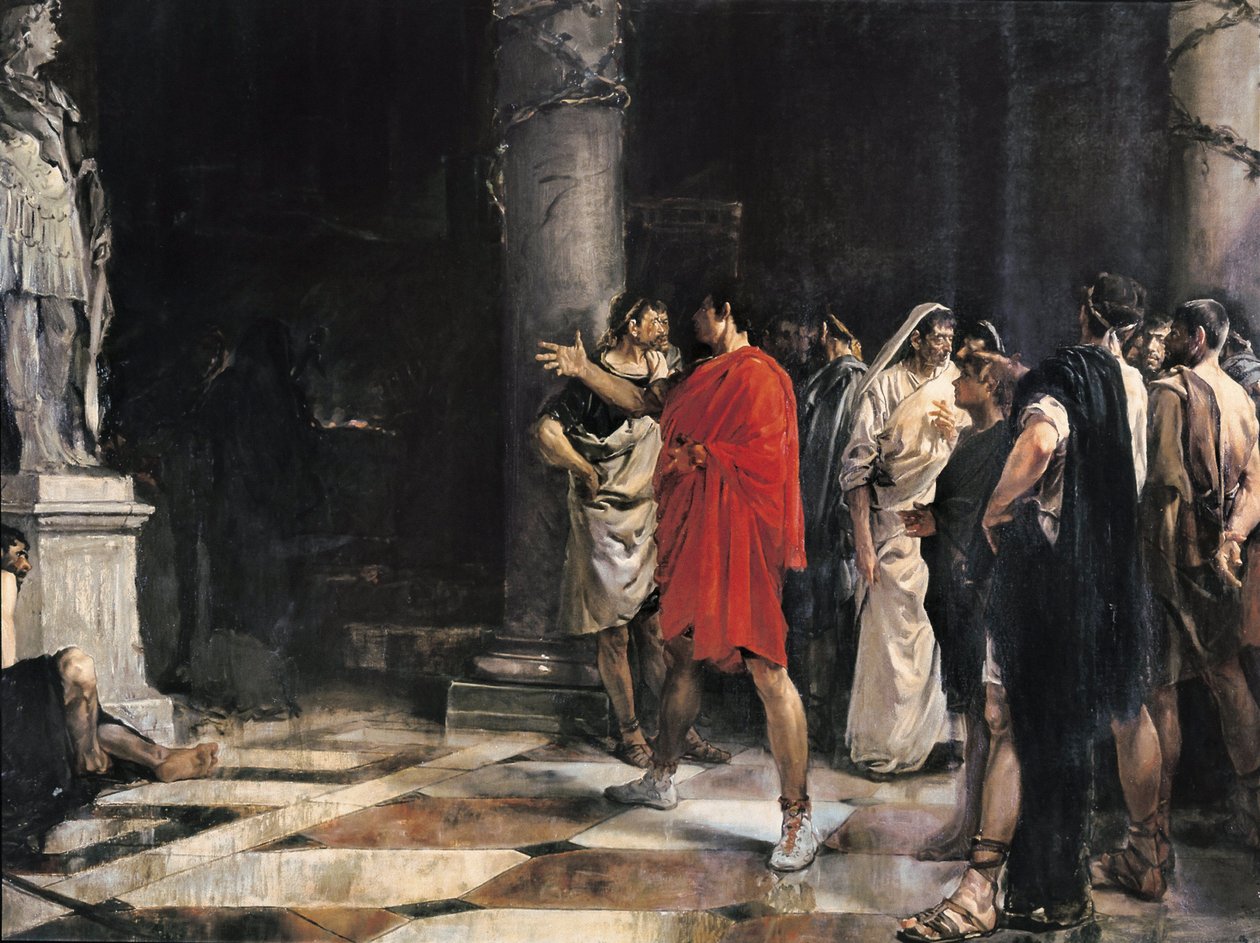 Jules Cesar (Caius Iulius Caesar) (101-44 př.nl) stojící před sochou Alexandra Velikého v chrámu Herkula z Cádizu (Gadir) (olej na plátně) od Jose Morillo Ferrada