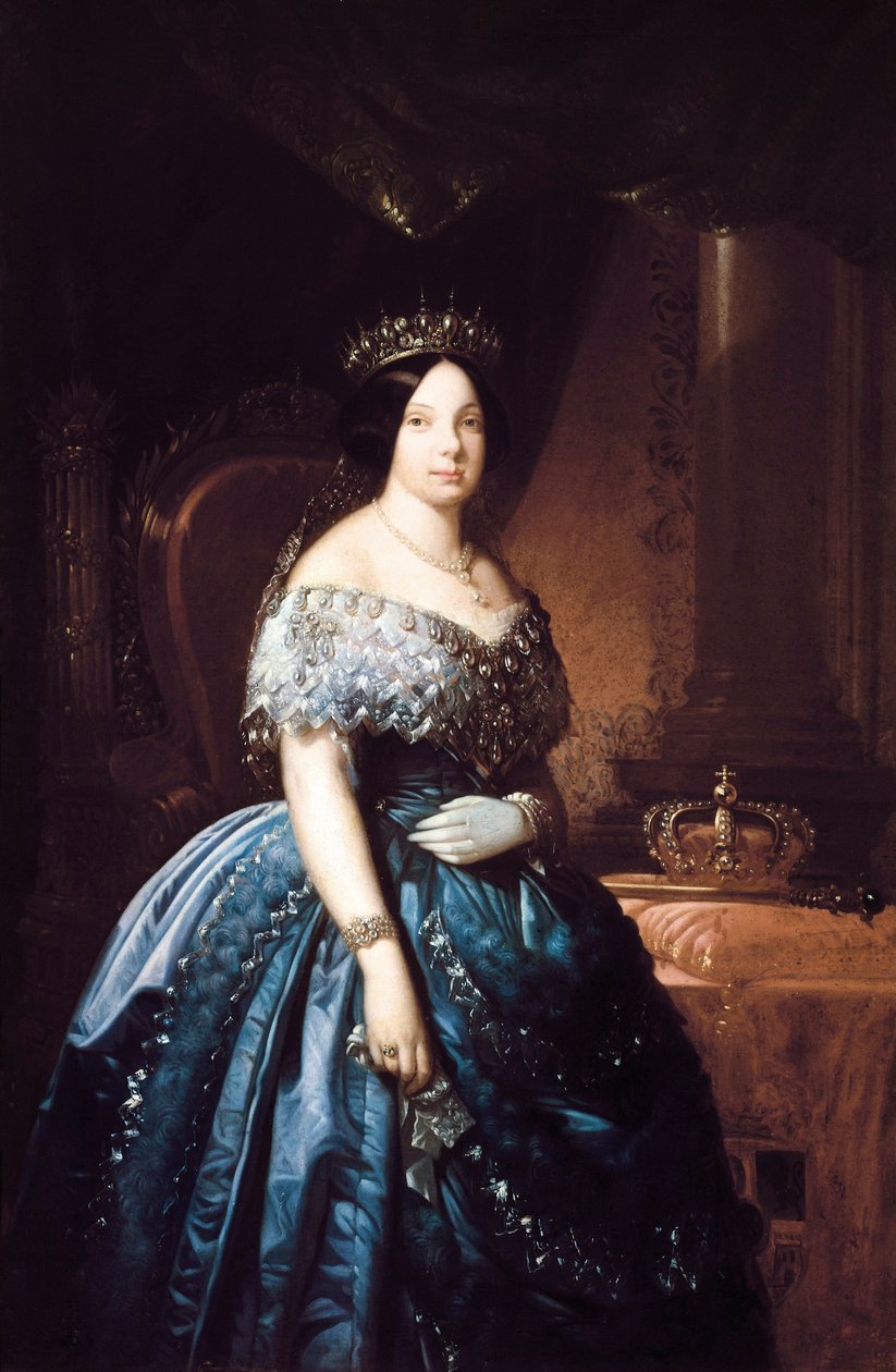 Portrét Isabely de Bourbon (Isabel de Borbon) II (1830-1904), španělské královny v letech 1833 až 1868. Obraz Jose Romeu (?). Olej na plátně od Jose Romeu