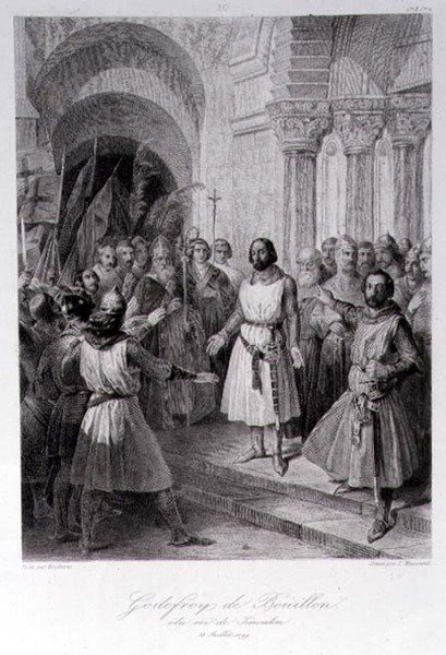 Godfrey z Bouillonu (asi 1060-1100) Zvolen králem Jeruzaléma, vyryl Leopold Massard (1812-89) (rytina) od Jose de (after) Madrazo y Garreta