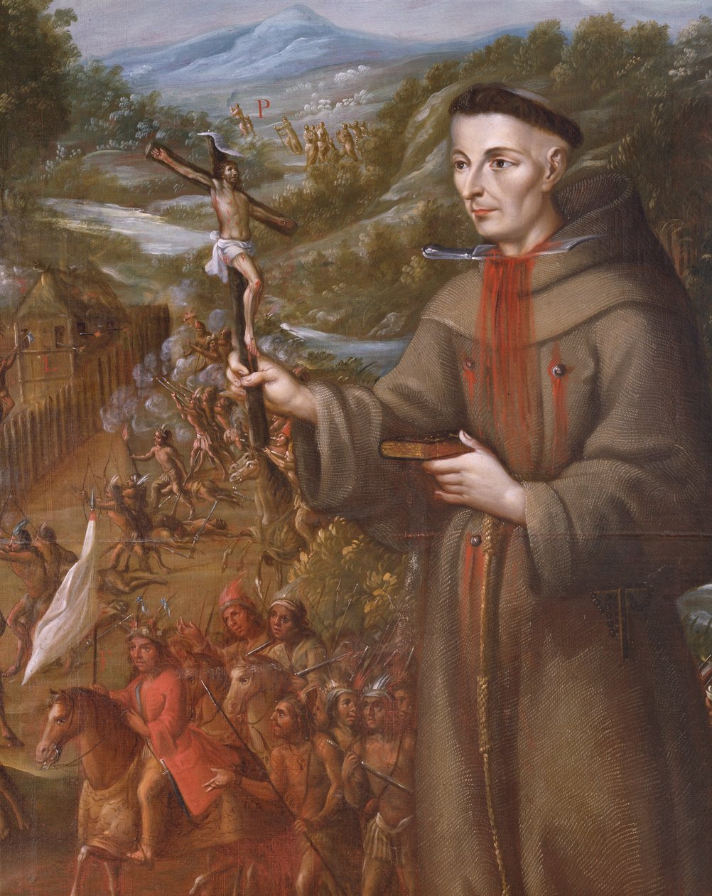 Zničení misie sv. Saby v Texasu indiány a mučednická smrt františkánského mnicha Jose de Sanriesban (detail) (olej na plátně) od Jose de or Joseph Paez