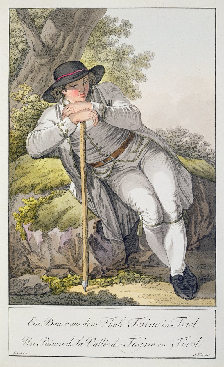 Rolník z údolí Tesino v Tyrolsku, ze sbírky 24 barevných štítků, vydáno kolem roku 1800 od Josef Anton Kapeller