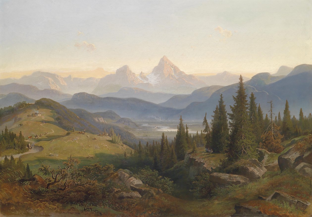 Krajina s pohořím, v pozadí Watzmann od Josef Mayburger