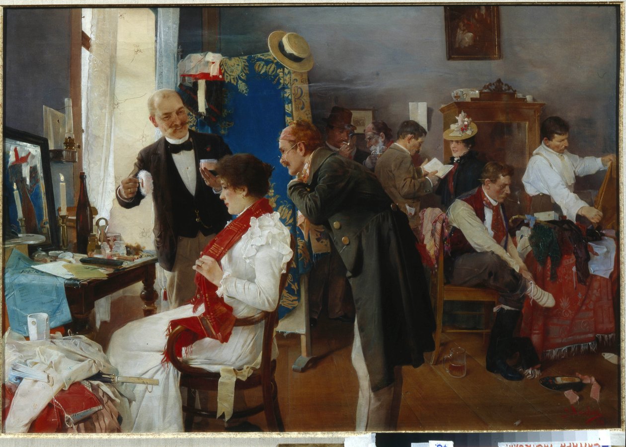 ""Dans la loge"" (V šatně) Umělci se připravují před představením Obraz Josefa Douby (1866-1928) Konec 19. století Olej na plátně - soukromá sbírka od Josef Douba