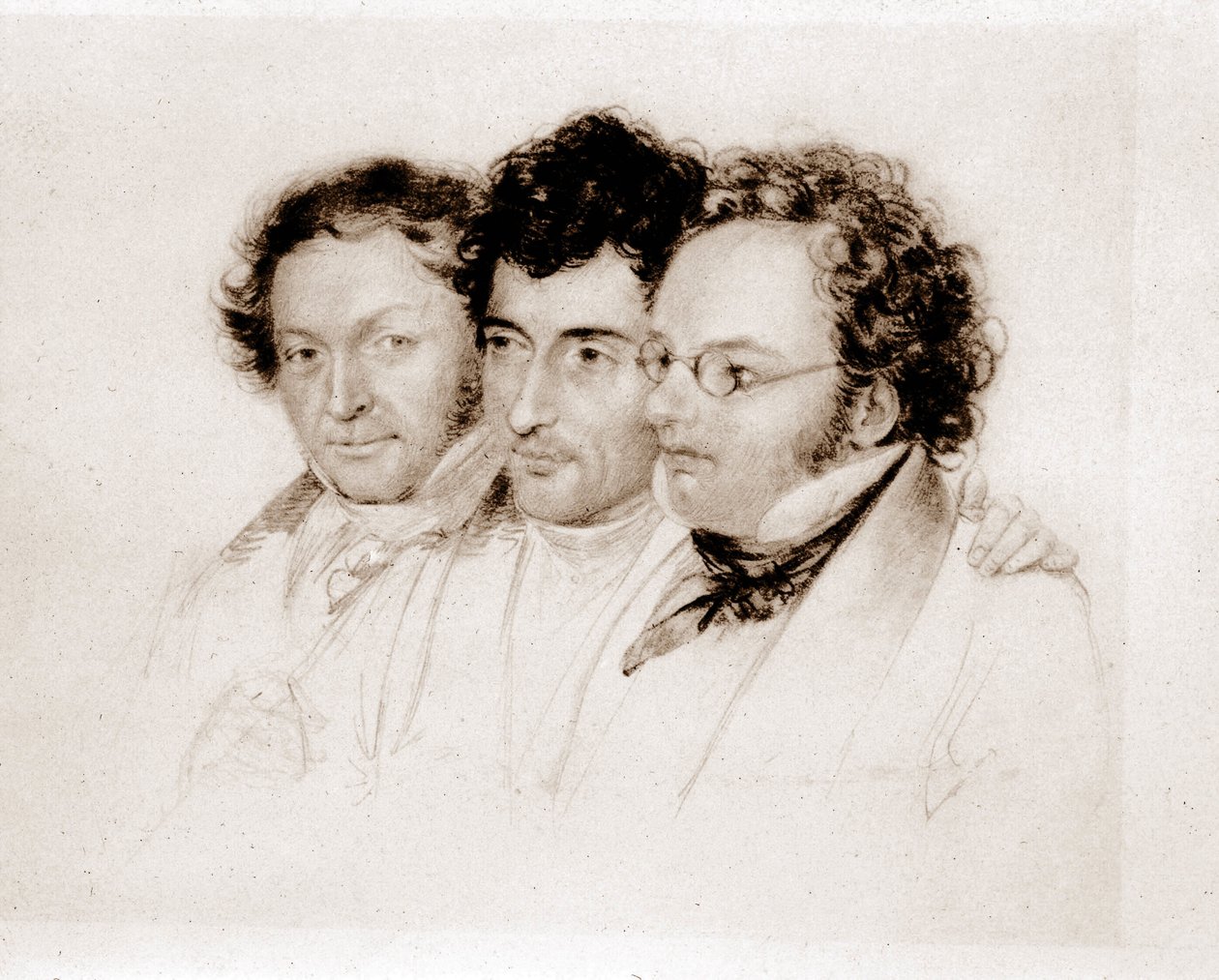 Zleva doprava: Jenger, Httenbrenner a F. Schubert. Akvarel od Feltschera. od Josef Eduard Teltscher