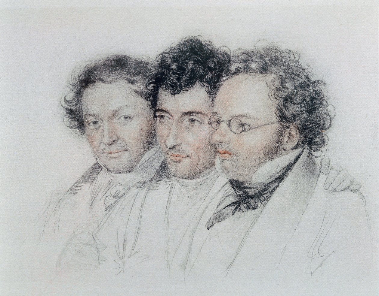 Zleva doprava přátelé skladatelů Johann Baptist Jenger (1793-1856), Anselm Huttenbrenner (1794-1868) a Franz Schubert (1797-1828), pastel Josef Teltscher od Josef Eduard Teltscher