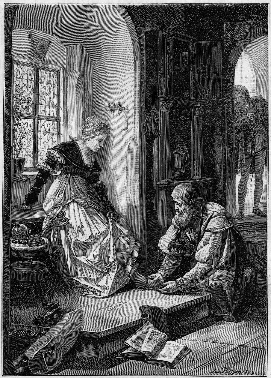 Eva v dílně Hanse Sachse (III. dějství opery „Die Meistersinger von Nurnberg“, francouzsky „Mistři pěvci norimberští““ od Richarda Wagnera, napsáno v roce 1868) podle obrazu Josepha Fluggena. Gravírování v „The Illustrous World“ od Josef Fluggen