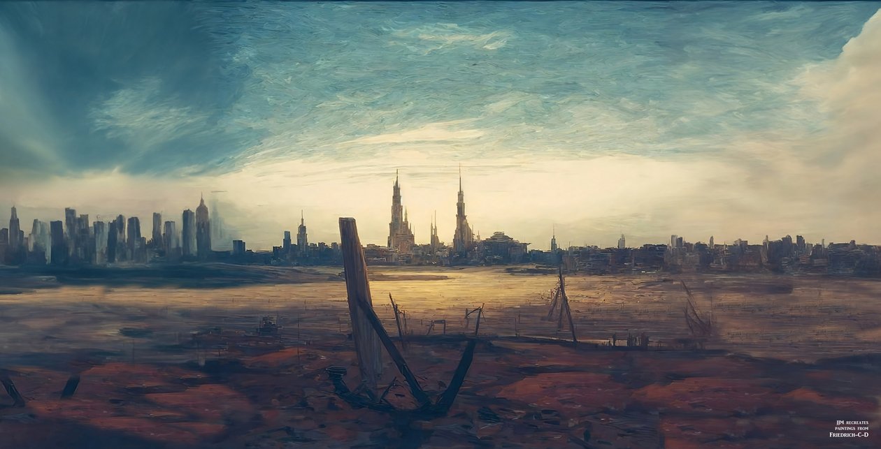 JJM znovu vytvořil Friedrich-C-D: Město při východu měsíce (výškové budovy) od Josef Johann Michel