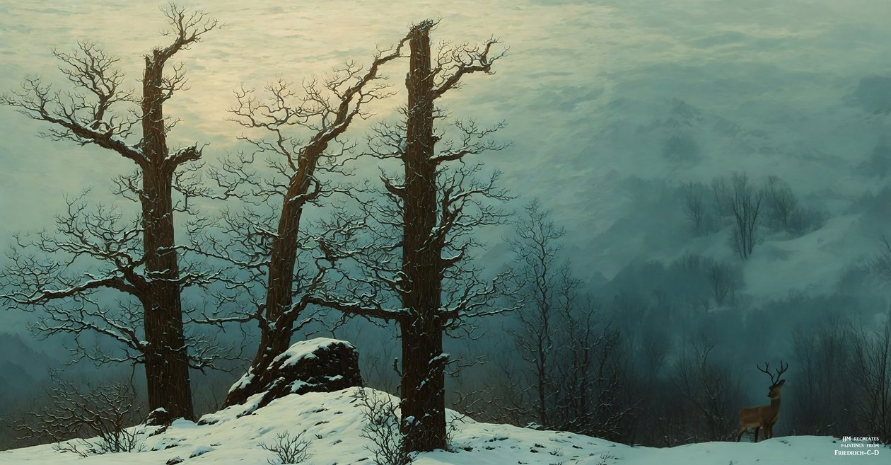 JJM znovu vytváří Friedrich-C-D: Hromada kamenů ve sněhu (panoráma) od Josef Johann Michel