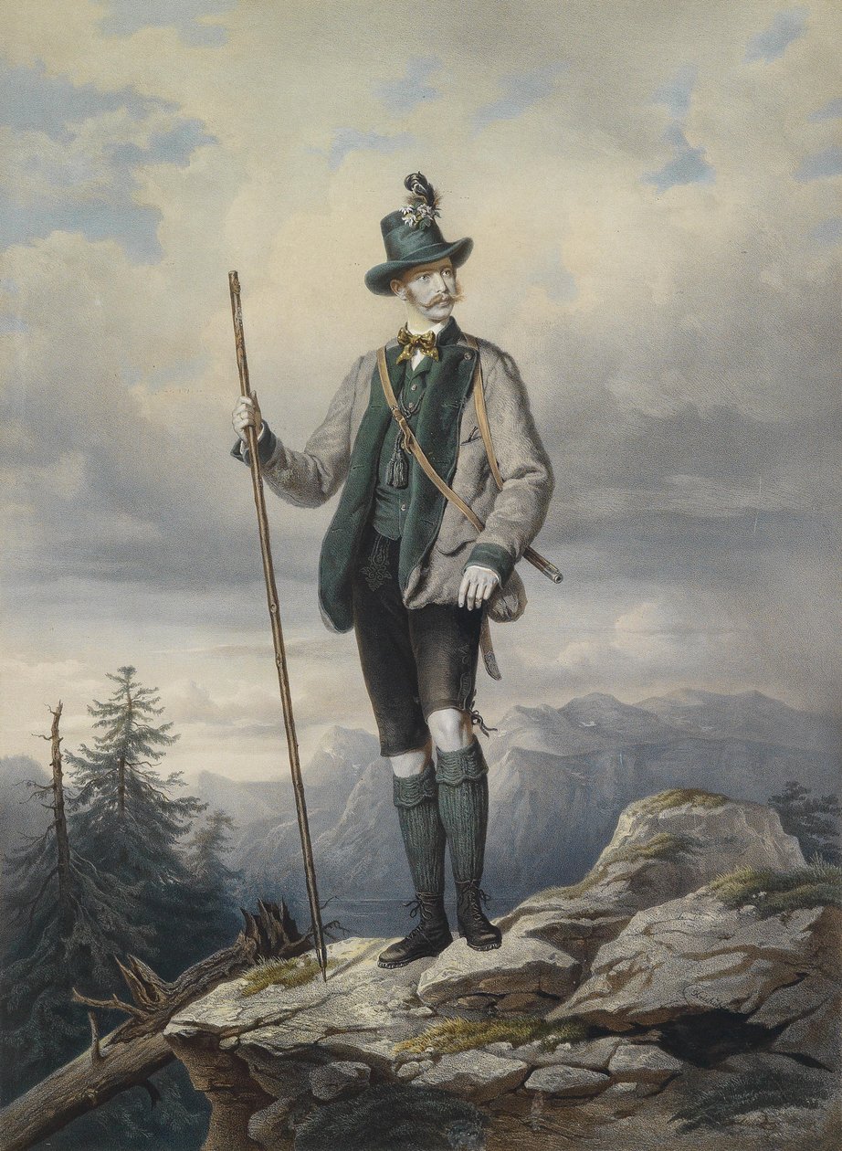 Portrét mladého císaře v loveckém kostýmu Ischl, barevná litografie od Kriehubera, 67 x 49 cm od Josef Kriehuber