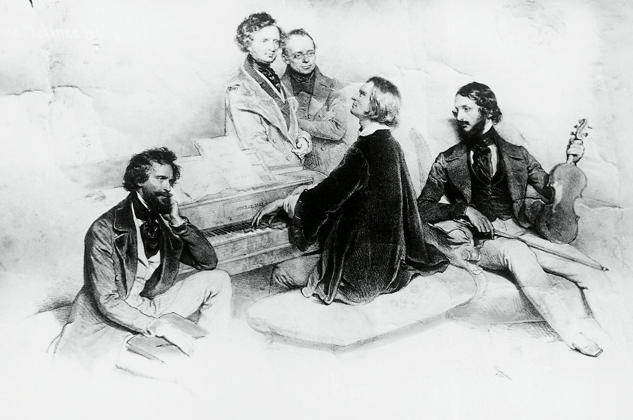 Matiné u Liszta doma, zleva doprava, Kriehuber, skladatel Hector Berlioz (1803-1869), Carl Czerny (1791-1857) Lisztův učitel, Franz Liszt (1811-1866) a houslista Heinrich Wilhelm-Liszt, 5840-1811 Josef Kriehuber (1800-1876) od Josef Nikolaus Kriehuber