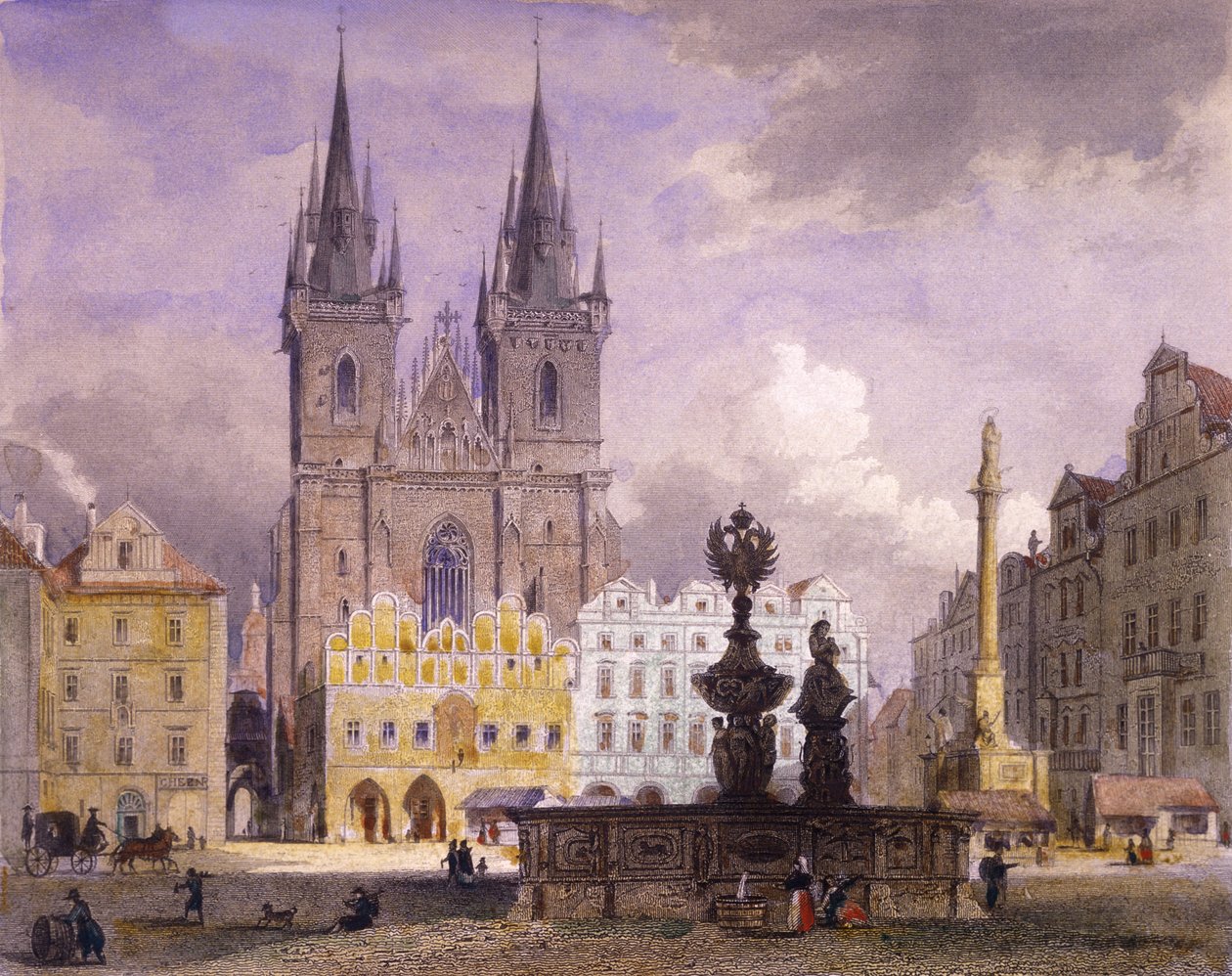 Krocínova kašna, Praha, 1864 (kolorovaná ocelorytina) od Josef Vojtech Hellich