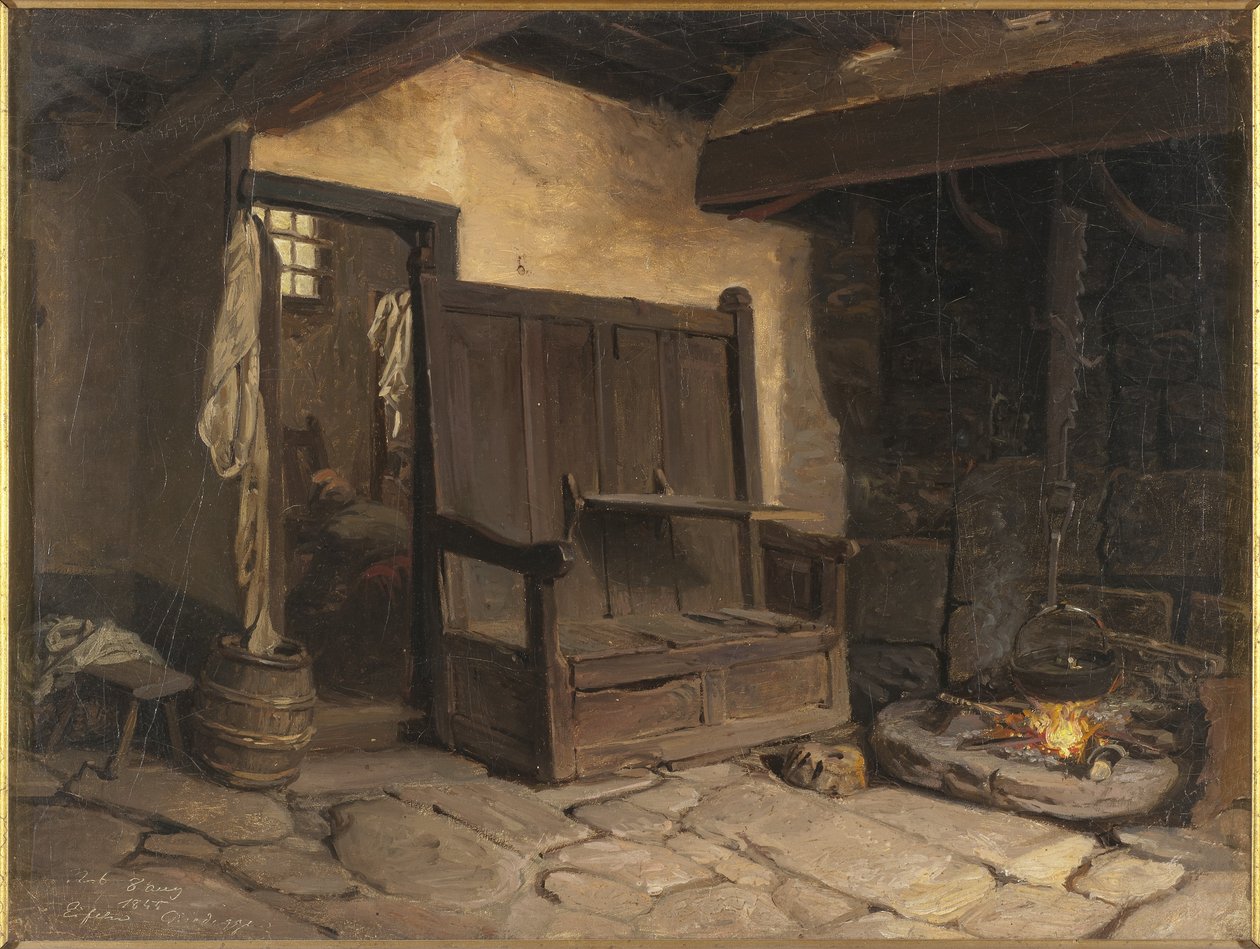 Interiér chaty (olej na papíře na masonitu) od Josef Wilhelm Wallander