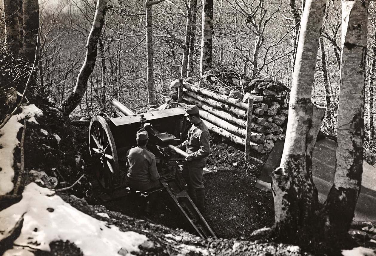 Album "Moje světová válka - vzpomínky na jihozápadní frontu v Korutanech, Itálie, Trentino-Alto Adige) 31.3.1915-12.11. 1918 - Josef Zohles Vídeň ": Vojáci s dělem (čb p od Josef Zohles