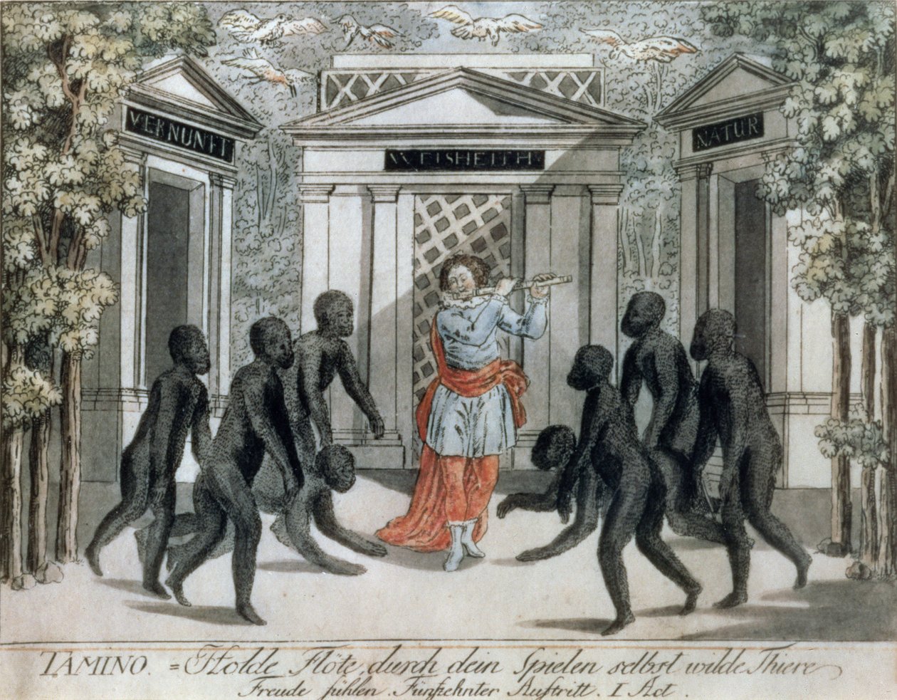 Tamino hraje na kouzelnou flétnu, aby zahnal divokou zvěř, 1. dějství, scéna xv, z opery Wolfganga Amadea Mozarta (1756-91) "Kouzelná flétna", asi 1793. od Joseph and Peter Schaffer